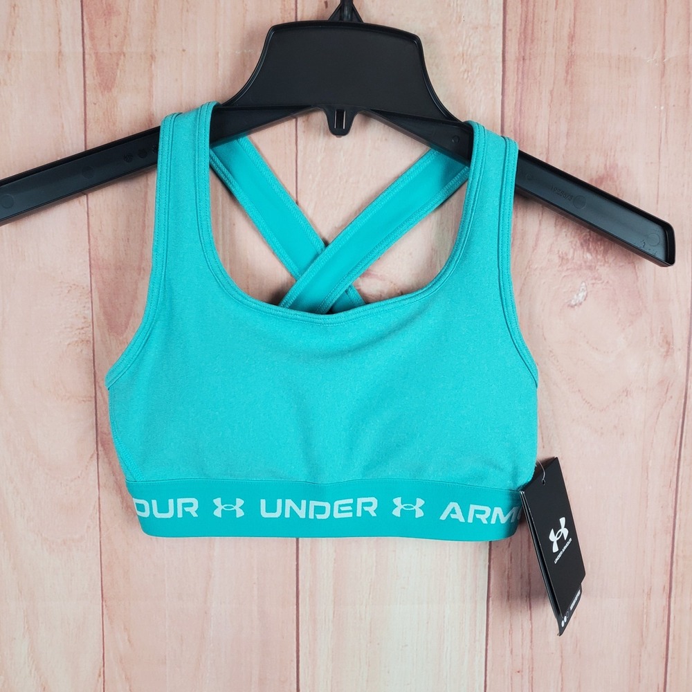 Under Armour Crossback Mid Heather Sport Bra Womens XS Blue Stretch Logo Running